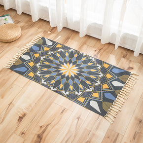 Colour Geometric Printed Pattern Cotton Linen Area Rug with Tassel Hand Woven Floor Carpet Rug for Living Room Bedroom