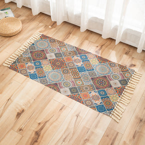 Retro Splicing Printed Pattern Cotton Linen Area Rug with Tassel Hand Woven Floor Carpet Rug for Living Room Bedroom