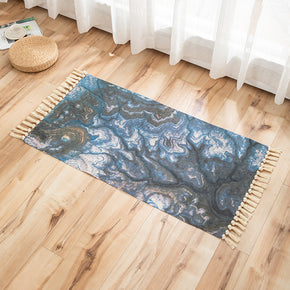Black Blue Abstract Pattern Cotton Linen Area Rug with Tassel Hand Woven Floor Carpet Rug for Living Room Bedroom