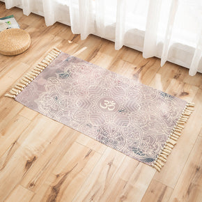 White Printed Pattern Cotton Linen Area Rug with Tassel Hand Woven Floor Carpet Rug for Living Room Bedroom