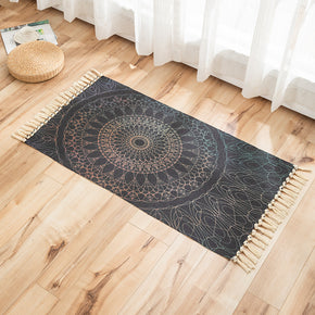 Black Printed Pattern Cotton Linen Area Rug with Tassel Hand Woven Floor Carpet Rug for Living Room Bedroom