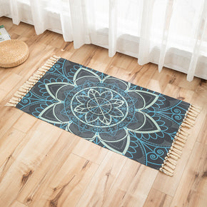 Pretty Blue Printed Pattern Cotton Linen Area Rug with Tassel Hand Woven Floor Carpet Rug for Living Room Bedroom
