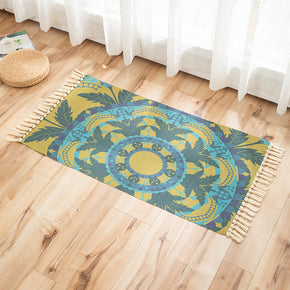 Abstract Blue Yellow Printed Pattern Cotton Linen Area Rug with Tassel Hand Woven Floor Carpet Rug for Living Room Bedroom