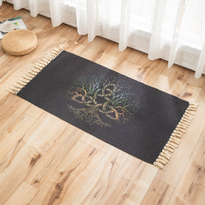 Tree Pattern Black Cotton Linen Area Rug with Tassel Hand Woven Floor Carpet Rug for Living Room Bedroom