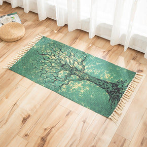 Green Tree Pattern Cotton Linen Area Rug with Tassel Handwoven Floor Carpet Rug for Living Room Bedroom