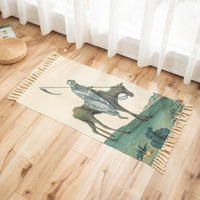 Grim Reaper Horse Riding Pattern Cotton Linen Area Rug with Tassel Handwoven Floor Carpet Rug for Living Room Bedroom