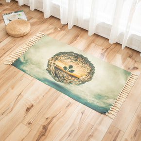 Landscape Pattern Cotton Linen Area Rug with Tassel Handwoven Floor Carpet Rug for Living Room Bedroom