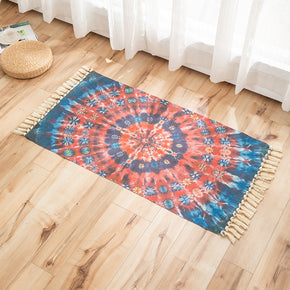 Red Blue Printed Pattern Cotton Linen Area Rug with Tassel Handwoven Floor Carpet Rug for Living Room Bedroom