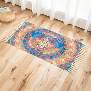 Coloured Elephant Pattern Cotton Linen Area Rug with Tassel Handwoven Floor Carpet Rug for Living Room Bedroom