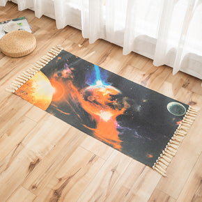 Planets Pattern Cotton Linen Area Rug with Tassel Handwoven Floor Carpet Rug for Living Room Bedroom