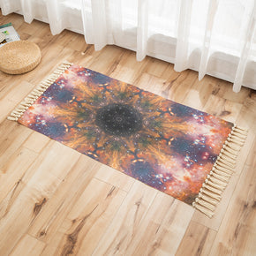 Glowing Flower Pattern Cotton Linen Area Rug with Tassel Handwoven Floor Carpet Rug for Living Room Bedroom