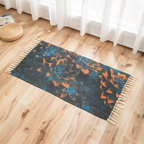 Black Printed Pattern Cotton Linen Area Rug with Tassel Handwoven Floor Carpet Rug for Living Room Bedroom