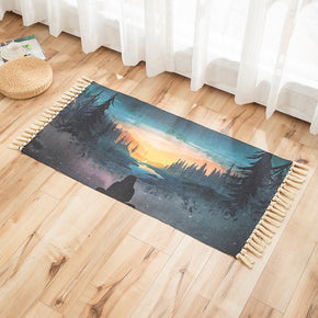 Sunset Scenery Landscape Pattern Cotton Linen Area Rug with Tassel Handwoven Floor Carpet Rug for Living Room Bedroom