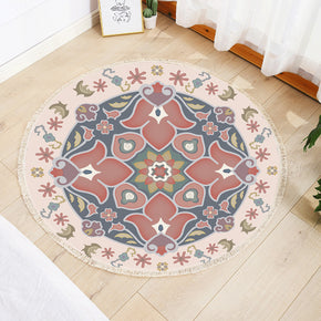 Floral Modern Round Cotton linen Area Rug Hand Woven Floor Carpet Rug for Living Room Bedroom