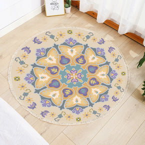 Yellow Floral Modern Round Cotton linen Area Rug Hand Woven Floor Carpet Rug for Living Room Bedroom