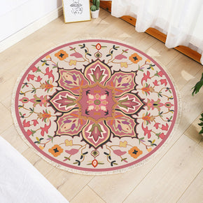 Red Floral Modern Round Cotton linen Area Rug Hand Woven Floor Carpet Rug for Living Room Bedroom
