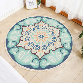 Green Floral Modern Round Cotton linen Area Rug Hand Woven Floor Carpet Rug for Living Room Bedroom