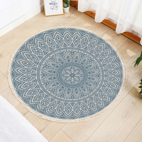 Modern Round Blue Cotton linen Area Rug Hand Woven Floor Carpet Rug for Living Room Bedroom