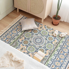 Blue Green Flowers Pattern Cotton Area Rug with Tassel Hand Woven Floor Carpet Rug for Bedroom Living Room