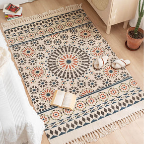 Colorful Flowers Pattern Cotton Area Rug with Tassel Hand Woven Floor Carpet Rug for Bedroom Living Room