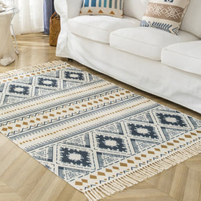 Grey Rhombus Geometry Pattern Cotton Area Rug with Tassel Hand Woven Floor Carpet Rug for Bedroom Living Room