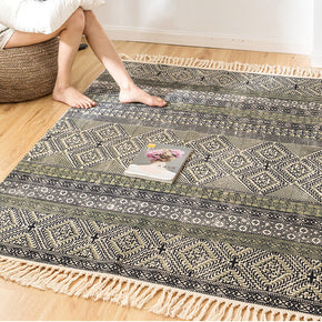 Black Green Rhombus Geometry Pattern Cotton Area Rug with Tassel Hand Woven Floor Carpet Rug for Bedroom Living Room