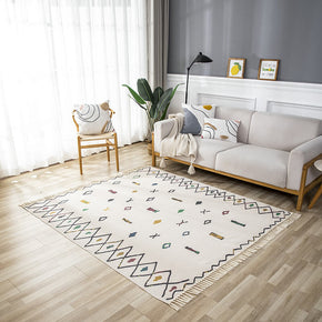 Colorful Simple Pattern Cotton Area Rug with Tassel Hand Woven Floor Carpet Rug for Bedroom Living Room