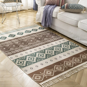 Green Brown Rhombus Geometry Pattern Cotton Area Rug with Tassel Hand Woven Floor Carpet Rug for Bedroom Living Room
