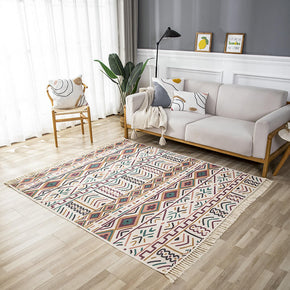 Multi-color Morocco Geometry Pattern Cotton Area Rug with Tassel Hand Woven Floor Carpet Rug for Bedroom Living Room