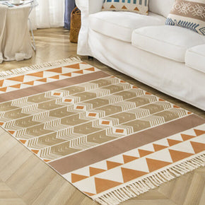 Brown Geometry Pattern Cotton Area Rug with Tassel Hand Woven Floor Carpet Rug for Bedroom Living Room