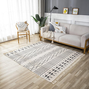 Simple Black Lines Pattern Cotton Area Rug with Tassel Hand Woven Floor Carpet Rug for Bedroom Living Room