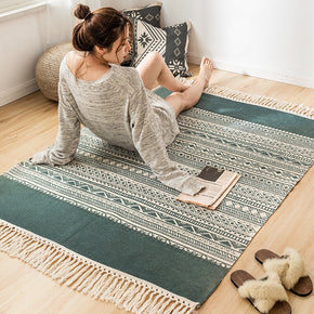 Green Morocco Pattern Cotton Area Rug with Tassel Hand Woven Floor Carpet Rug for Bedroom Living Room