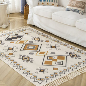 Yellow Diamond Shape Pattern Cotton Area Rug with Tassel Hand Woven Floor Carpet Rug for Bedroom Living Room