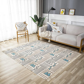 Triangles and Lines Pattern Cotton Area Rug with Tassel Hand Woven Floor Carpet Rug for Bedroom Living Room