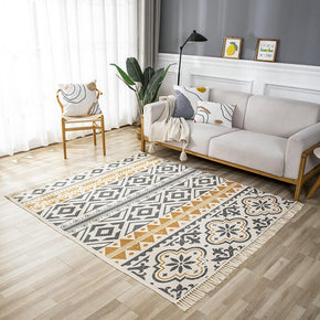 Yellow and Black Morocco Pattern Cotton Area Rug with Tassel Hand Woven Floor Carpet Rug for Bedroom Living Room