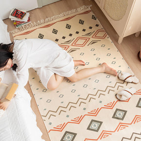 Diamond Pattern Beige Cotton Area Rug with Tassel Hand Woven Floor Carpet Rug for Bedroom Living Room