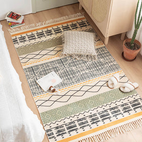 Small Fresh Style Pattern Cotton Area Rug with Tassel Hand Woven Floor Carpet Rug for Bedroom Living Room