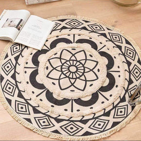 Round Morocco Flower Pattern Cotton Area Rug with Tassel Hand Woven Machine Washable Floor Carpet Rug for Living Room Bedroom