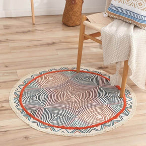 Round Colorful Stripe Cotton Area Rug with Tassel Hand Woven Machine Washable Floor Carpet Rug for Living Room Bedroom