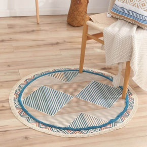 Round Blue Stripe Cotton Area Rug with Tassel Hand Woven Machine Washable Floor Carpet Rug for Living Room Bedroom