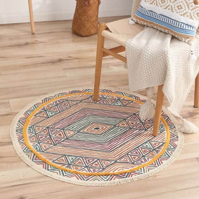 Round Colorful Line Rhombus Pattern Cotton Area Rug with Tassel Hand Woven Machine Washable Floor Carpet Rug for Living Room Bedroom