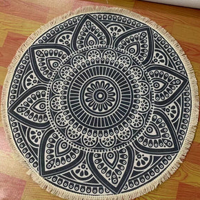 Round Black Printed Cotton Area Rug with Tassel Hand Woven Machine Washable Floor Carpet Rug for Living Room Bedroom