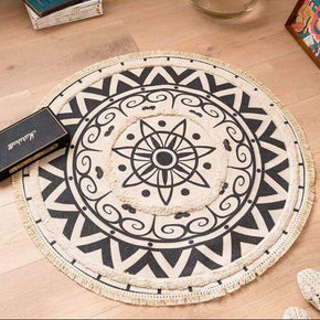 Round Moroccan Printed Cotton Area Rug with Tassel Hand Woven Machine Washable Floor Carpet Rug for Living Room Bedroom