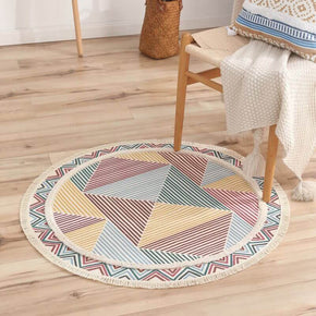 Round Multicolor Triangles Cotton Area Rug with Tassel Hand Woven Machine Washable Floor Carpet Rug for Living Room Bedroom