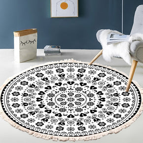 Black Flower Pattern Cotton Area Rug with Tassel Hand Woven Machine Washable Floor Carpet Rug for Living Room Bedroom