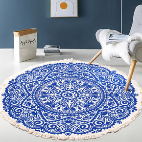 Blue Vintage Printed Pattern Cotton Area Rug with Tassel Hand Woven Machine Washable Floor Carpet Rug for Living Room Bedroom