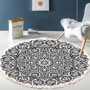 Black Vintage Printed Pattern Cotton Area Rug with Tassel Hand Woven Machine Washable Floor Carpet Rug