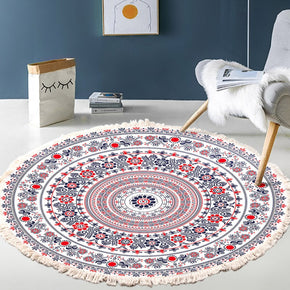 Black Red Round Printed Pattern Cotton Area Rug with Tassel Hand Woven Machine Washable Floor Carpet Rug