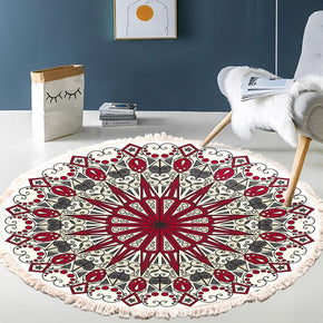 Red Geometric Printed Round Cotton Area Rug with Tassel Hand Woven Machine Washable Floor Carpet Rug for Living Room Bedroom