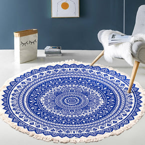 Blue Geometric Printed Round Cotton Area Rug with Tassel Hand Woven Machine Washable Floor Carpet Rug for Living Room Bedroom